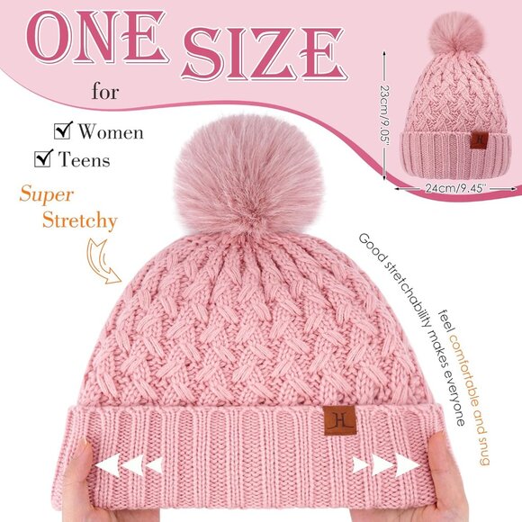 Womens Winter Fleece Lined Beanie Hat Chunky Knit Pom Pom Skull Cap Gifts - Picture 4 of 6